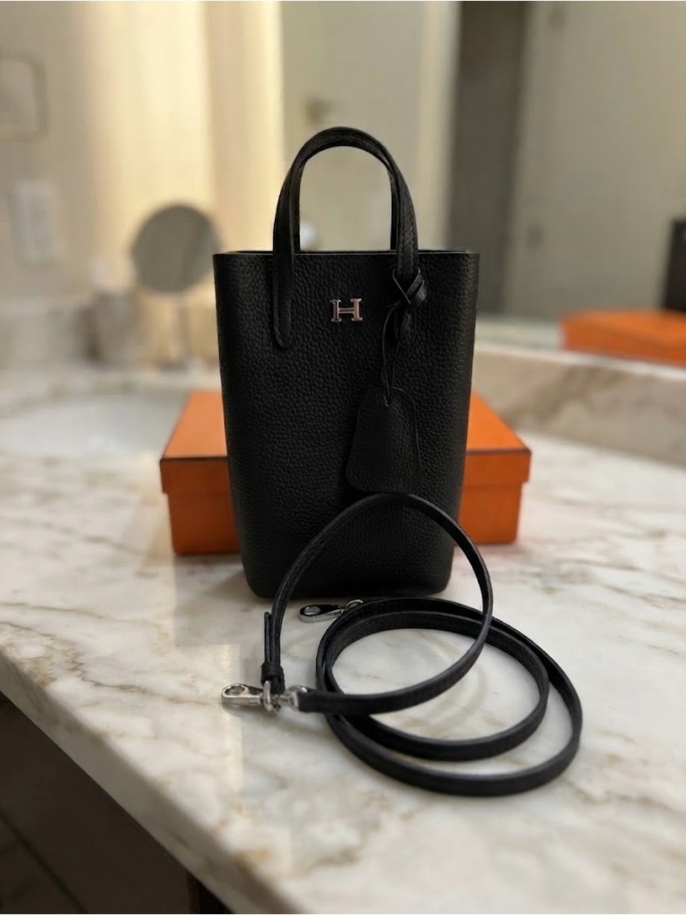 Black Pebbled Leather Phone bag/Mini Tote Crossbody